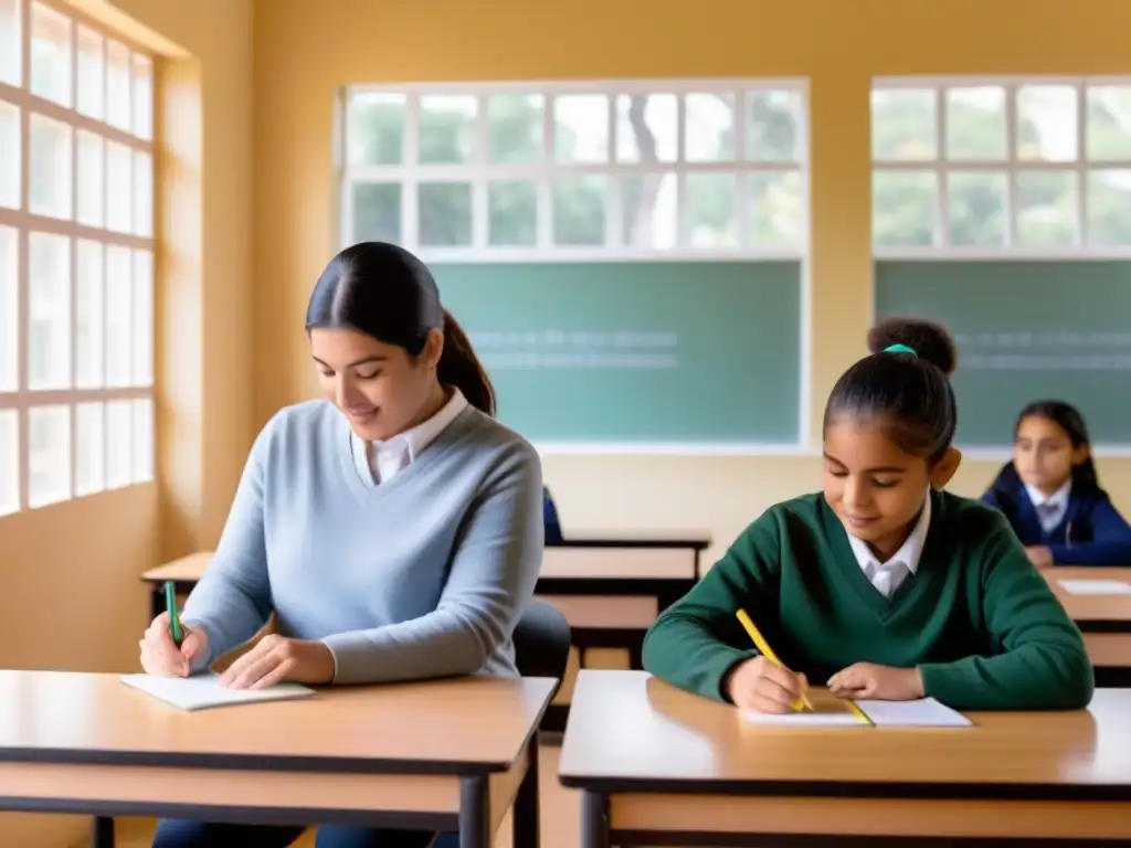 Una clase serena en Uruguay, con estudiantes diversos en una lección de idiomas adaptada a sus necesidades