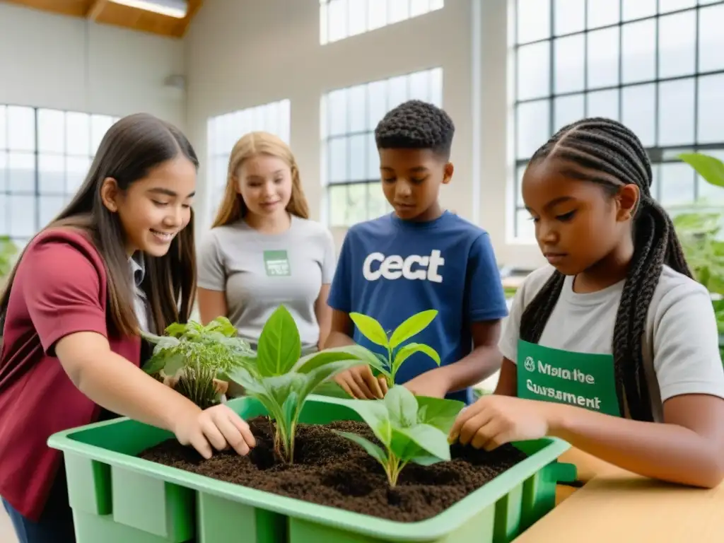 Experimento ecoamigable: estudiantes diversos en acción Una clase sostenible en Uruguay: estudiantes diversos realizan experimento de ciencias ambientales en aula ecológica