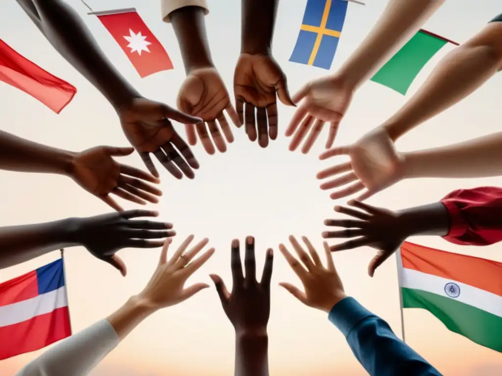 Unión multicultural: manos diversas en círculo Colaboración internacional: manos de diferentes países unidas en círculo, simbolizando la unidad y la cooperación