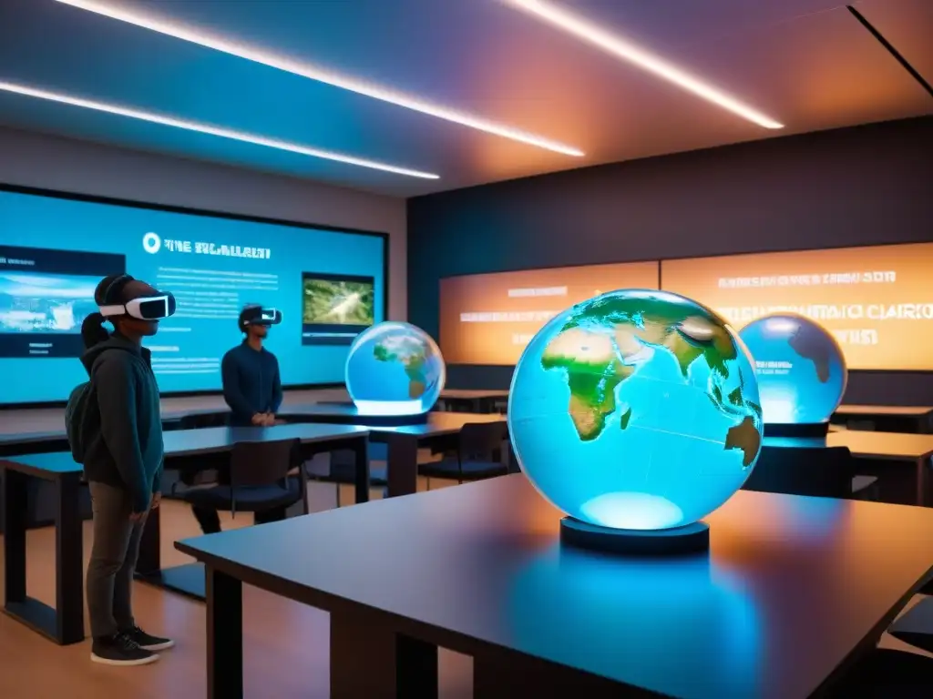 Una colaboración internacional en realidad aumentada educativa: aula futurista con hologramas y estudiantes inmersos en aprendizaje innovador