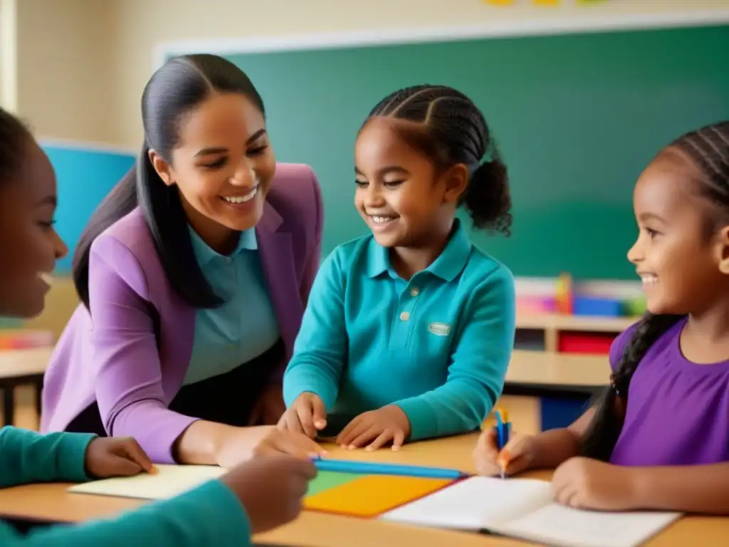 Colaboración entre padres y escuela en aula inclusiva con niños de diversas culturas participando en actividades grupales