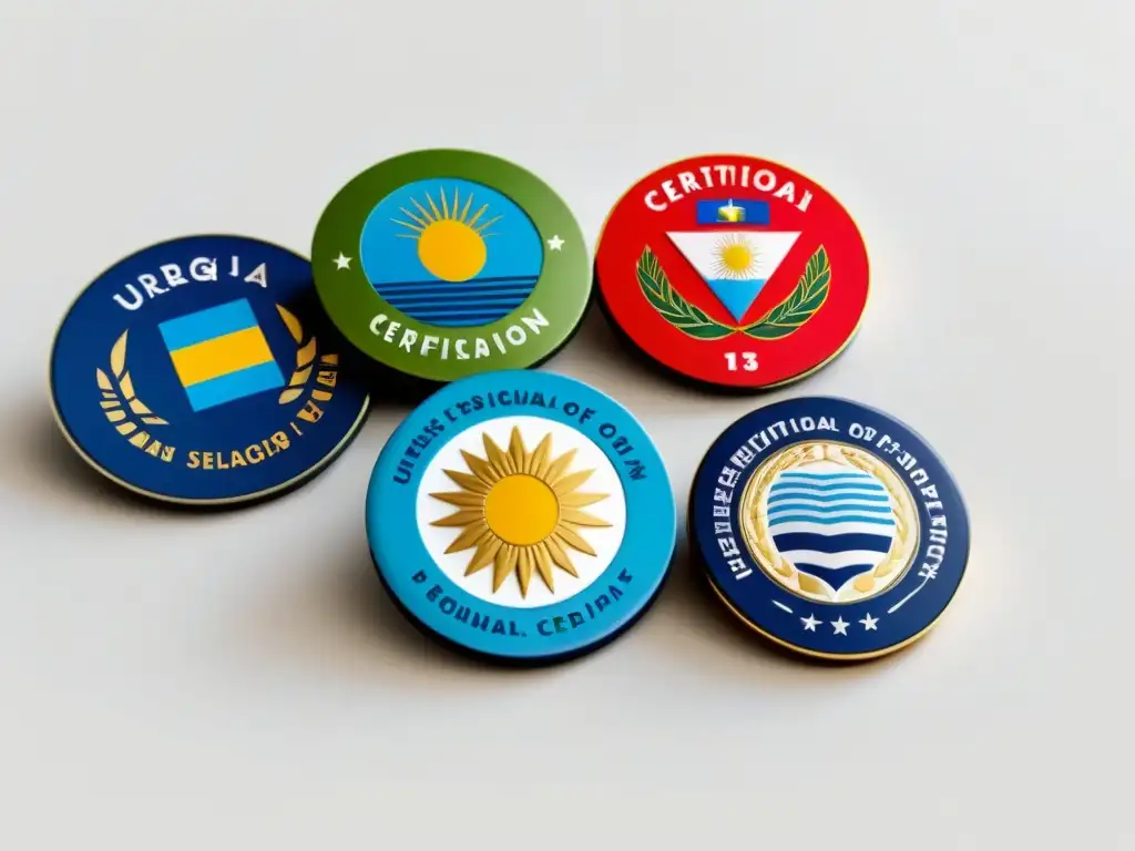 Una colección vibrante de insignias educativas, representando diversos campos de estudio en Uruguay