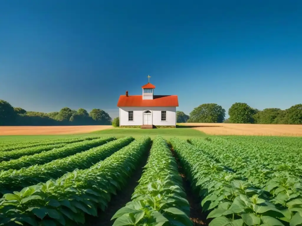 Un colegio rural rodeado de campos verdes bajo un cielo azul, con una planta marchita en primer plano