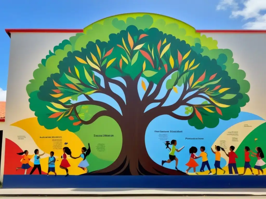 Colorido mural escolar en Uruguay con estudiantes de diversas etnias y habilidades aprendiendo juntos