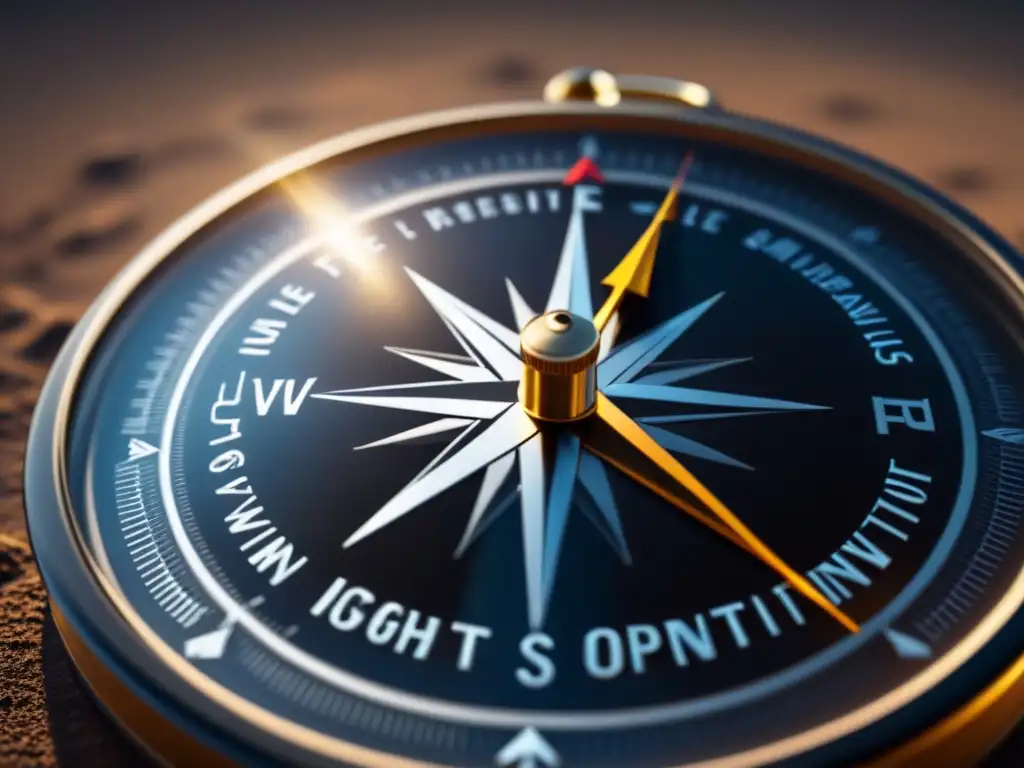 Brújula con detallados grabados en superficie pulida Un compás detallado apuntando hacia la luz, simbolizando orientación vocacional en medios culturales