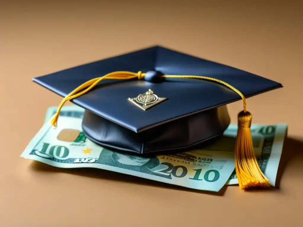 Una composición minimalista detalla una gorra de graduación sobre pesos uruguayos, simbolizando la financiación de estudios superiores en Uruguay