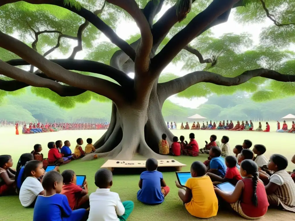 Una comunidad indígena se reúne bajo un árbol, usando materiales educativos innovadores en un entorno cultural vibrante