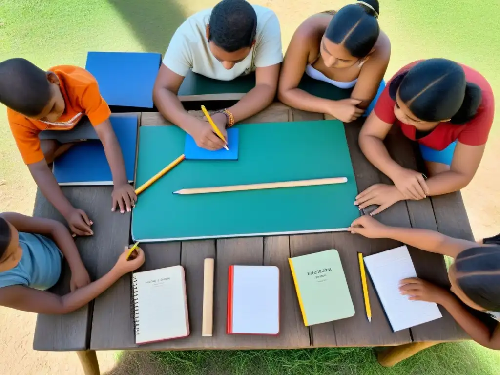 Comunidad indígena en Uruguay promoviendo educación inclusiva con libros y útiles escolares en entorno natural pacífico