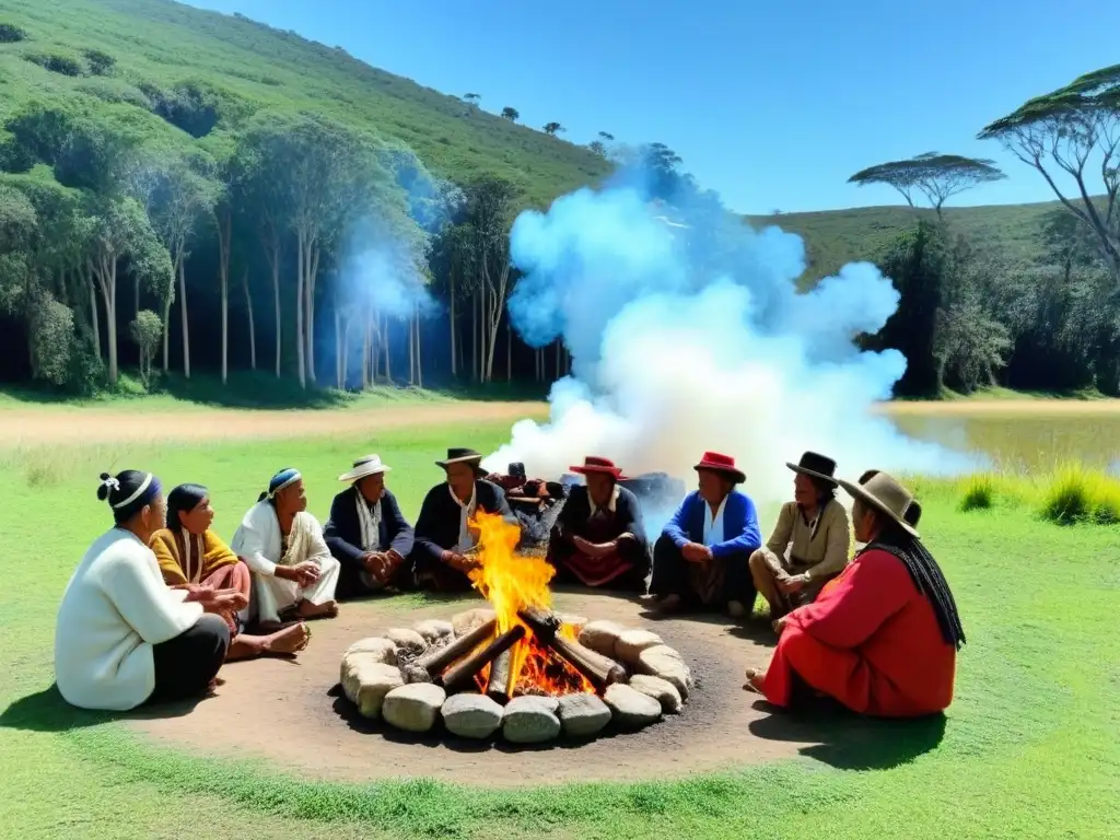 Una comunidad indígena en Uruguay reunida alrededor de una fogata, con un bosque verde y cielos azules