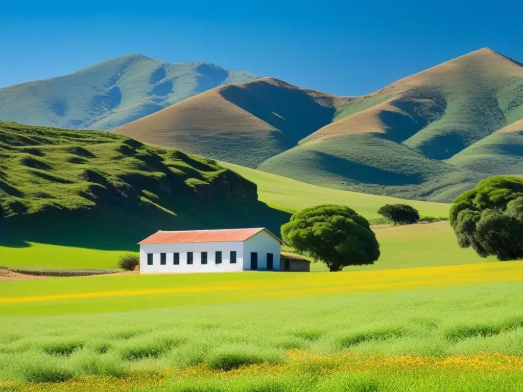 Conectividad para educación rural en Uruguay: Escuela aislada en sereno paisaje rural con montañas al fondo