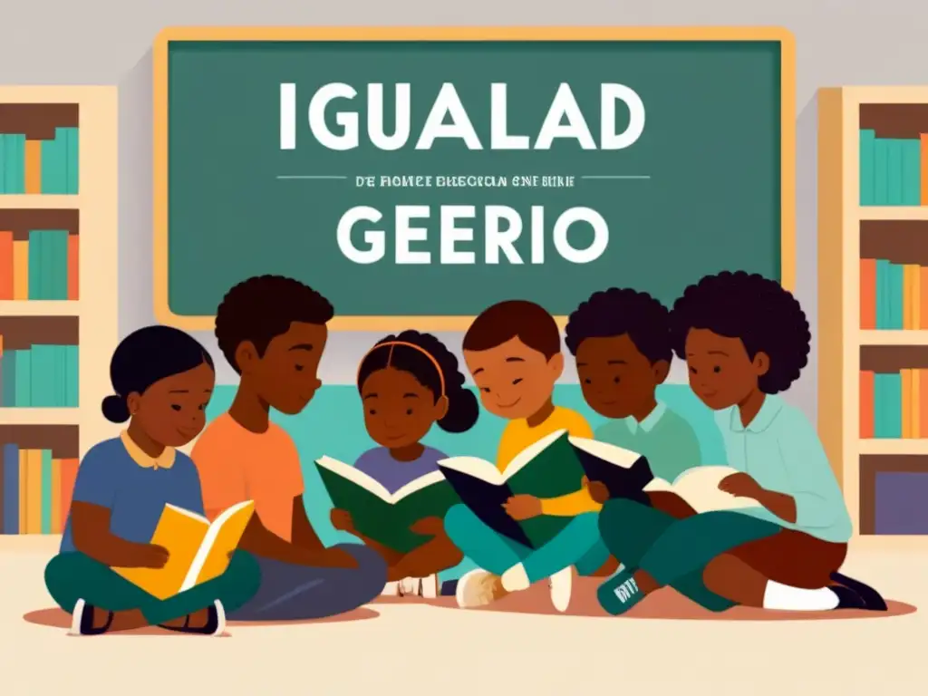 Ilustración conmovedora de niños diversos leyendo 'Igualdad de Género' en un aula tranquila