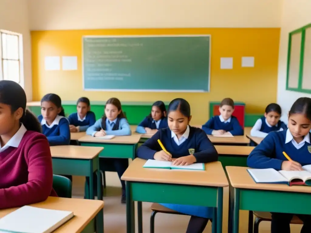 Cultura escolar inclusiva en Uruguay: Estudiantes diversos colaborando armoniosamente en un aula acogedora