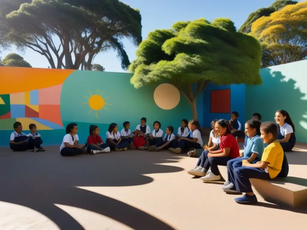 Cultura escolar inclusiva en Uruguay: patio sereno con estudiantes diversos riendo y jugando juntos, rodeados de murales coloridos