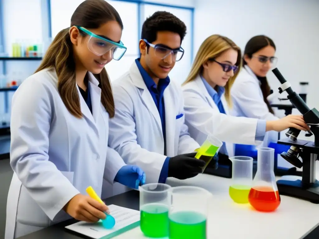 Fomentando la curiosidad científica en jóvenes uruguayos en un laboratorio de ciencias lleno de coloridos experimentos y equipos avanzados