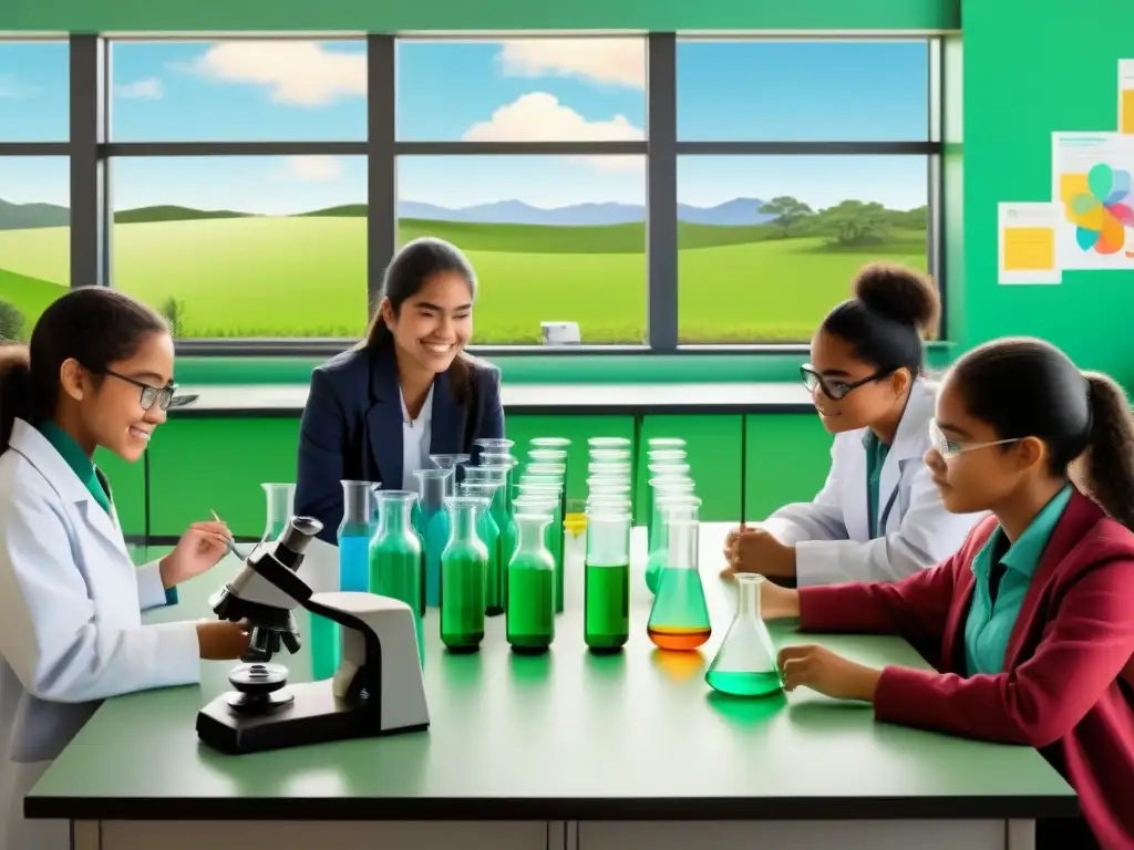 Fomentando la curiosidad científica en jóvenes uruguayos a través de experimentos educativos en un aula moderna y luminosa