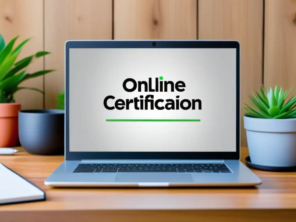 Explora cursos con certificación online en Uruguay en una imagen de un moderno portátil con opciones de cursos y elementos de estudio