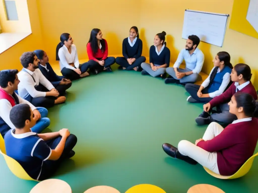 Desarrollo habilidades comunicativas estudiantes Uruguay: Alegre discusión entre alumnos en aula serena