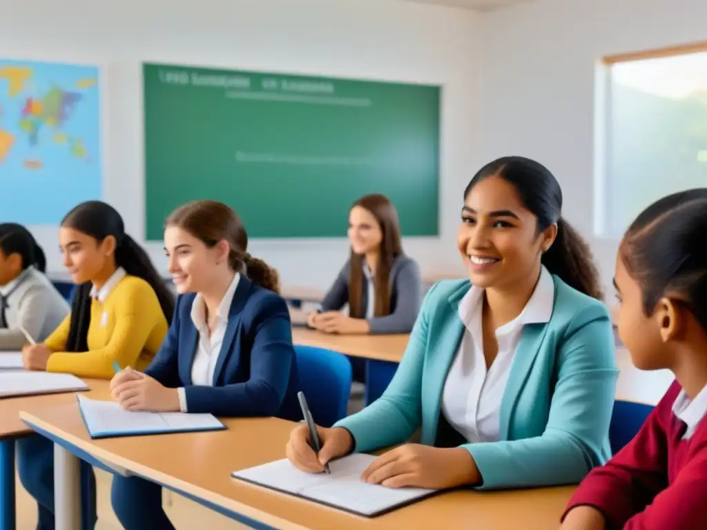 Ilustración detallada de alumnos uruguayos interactuando con tecnología educativa gamificada en un aula moderna y luminosa