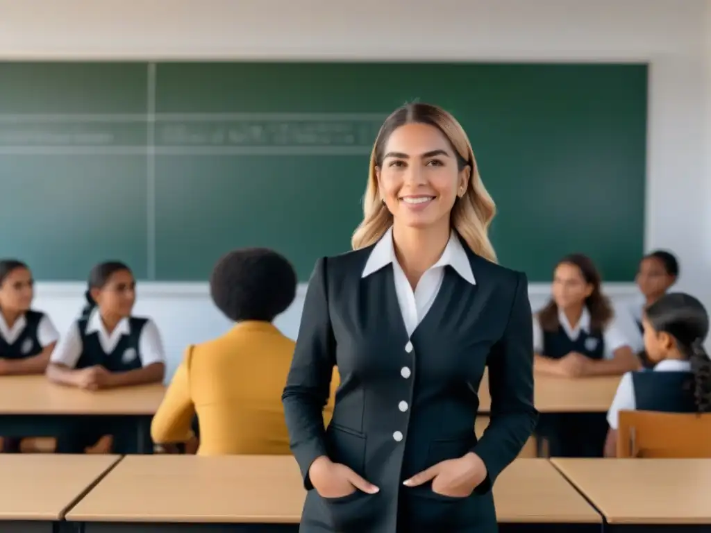 Ilustración detallada en blanco y negro de Paulina Luisi, pionera en Educación Integral de la Mujer, liderando a alumnas diversas en un aula