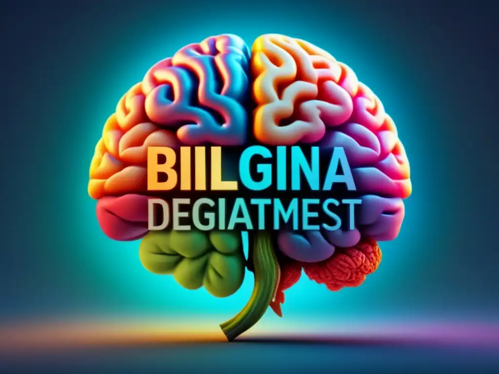 Ilustración detallada de un cerebro, simbolizando la Importancia del bilingüismo en el desarrollo cognitivo, con secciones en español e inglés