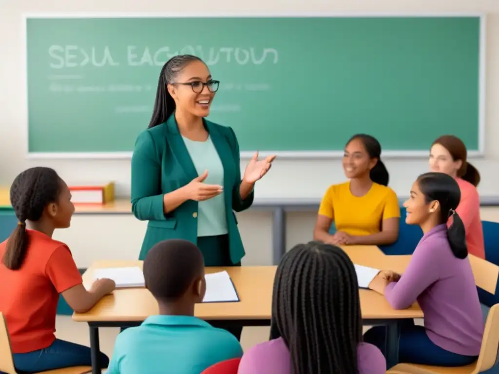 Ilustración detallada de diversidad en educación sexual en Uruguay, con inclusión y diálogo abierto en aula