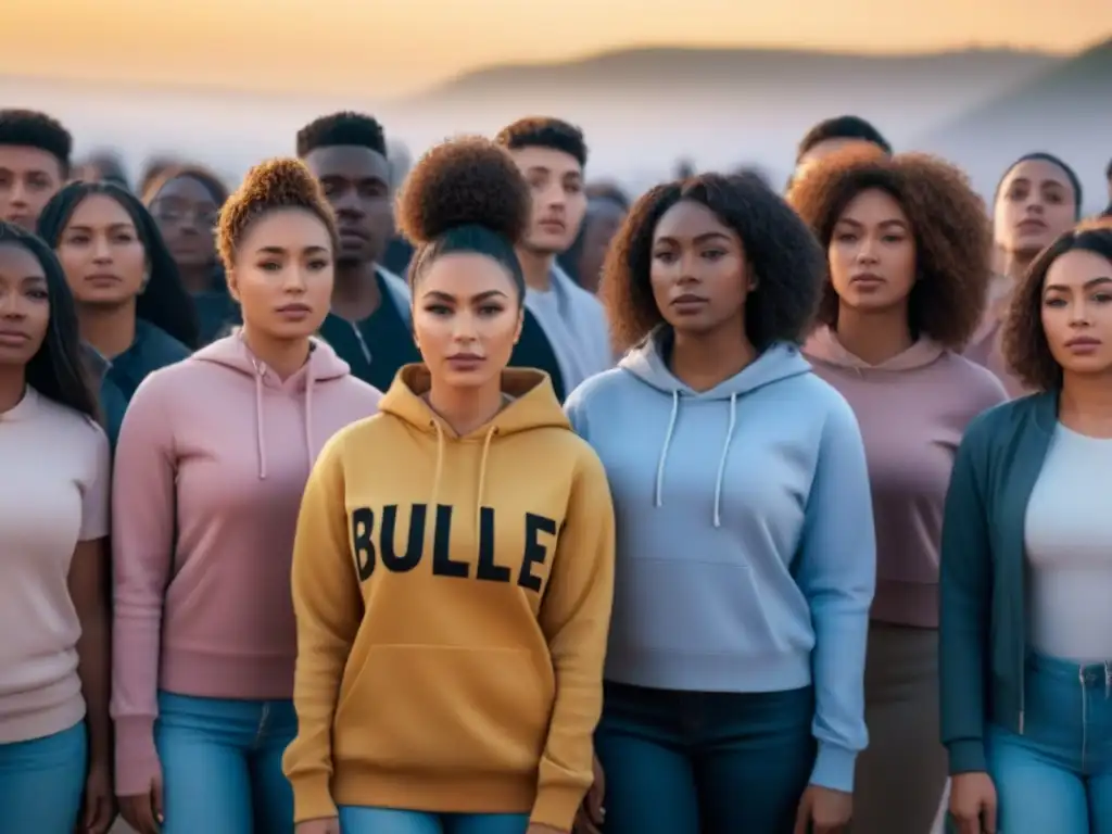 Ilustración minimalista de estudiantes unidos contra el bullying Ilustración detallada de estudiantes diversos unidos contra el acoso escolar, con expresiones de determinación y unidad