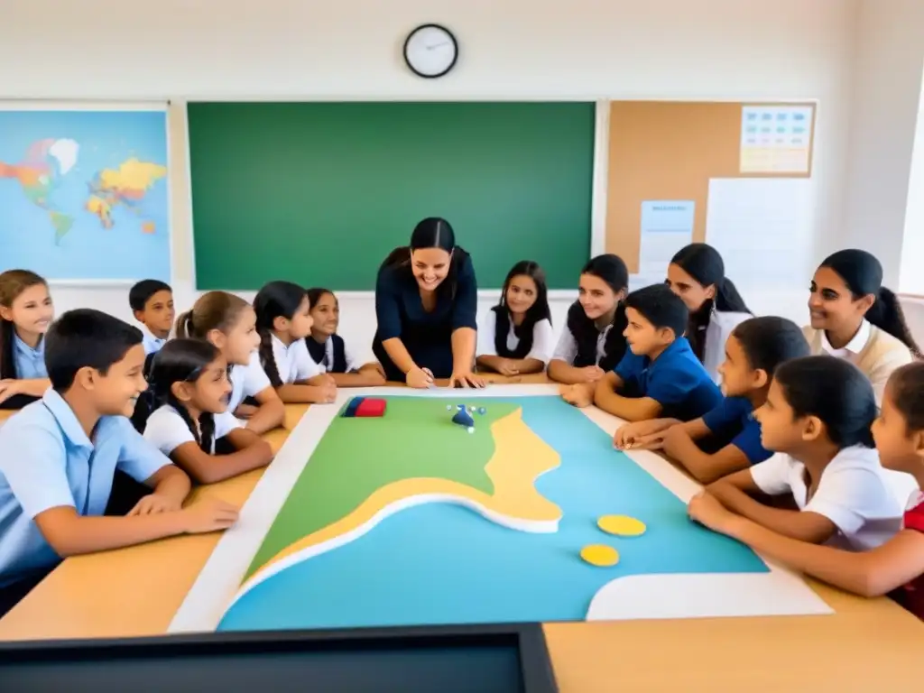 Ilustración detallada de estudiantes diversos participando en actividad colaborativa en aula moderna en Uruguay