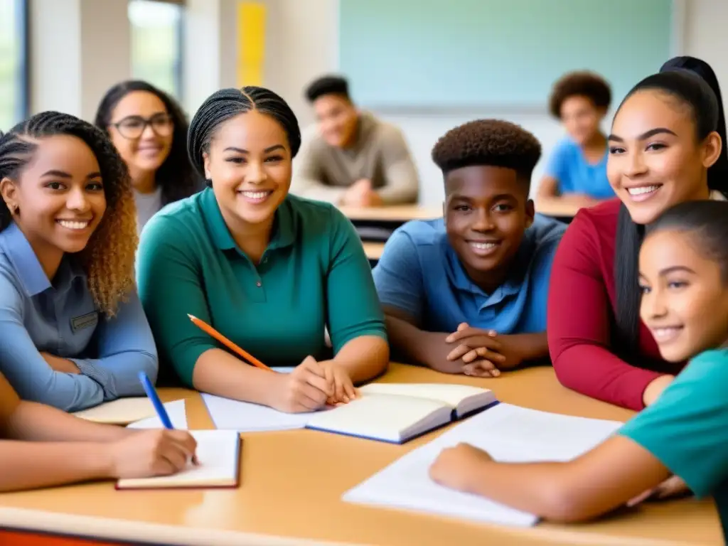 Ilustración detallada de estudiantes diversos colaborando en aula moderna