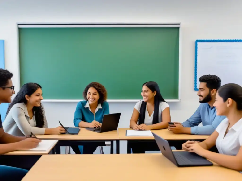 Ilustración detallada mostrando a estudiantes diversos interactuando en un aula moderna en Uruguay, simbolizando la evaluación formativa en educación