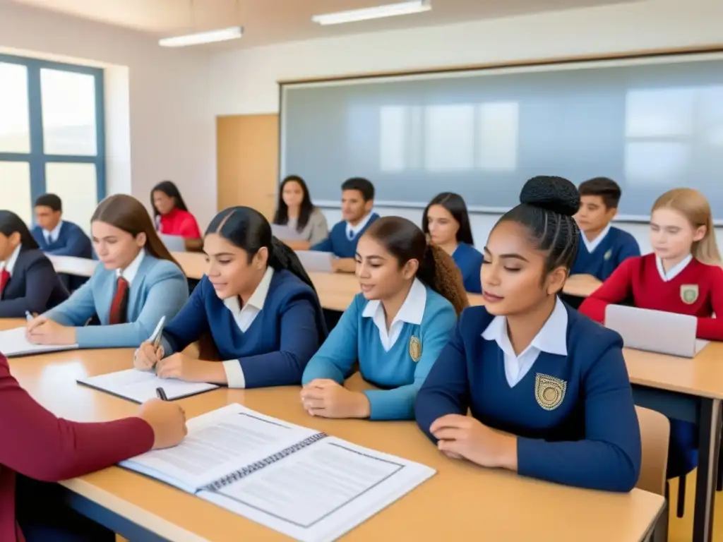 Ilustración detallada de estudiantes diversos colaborando en un aula multicultural en Uruguay, promoviendo políticas educativas de multiculturalismo