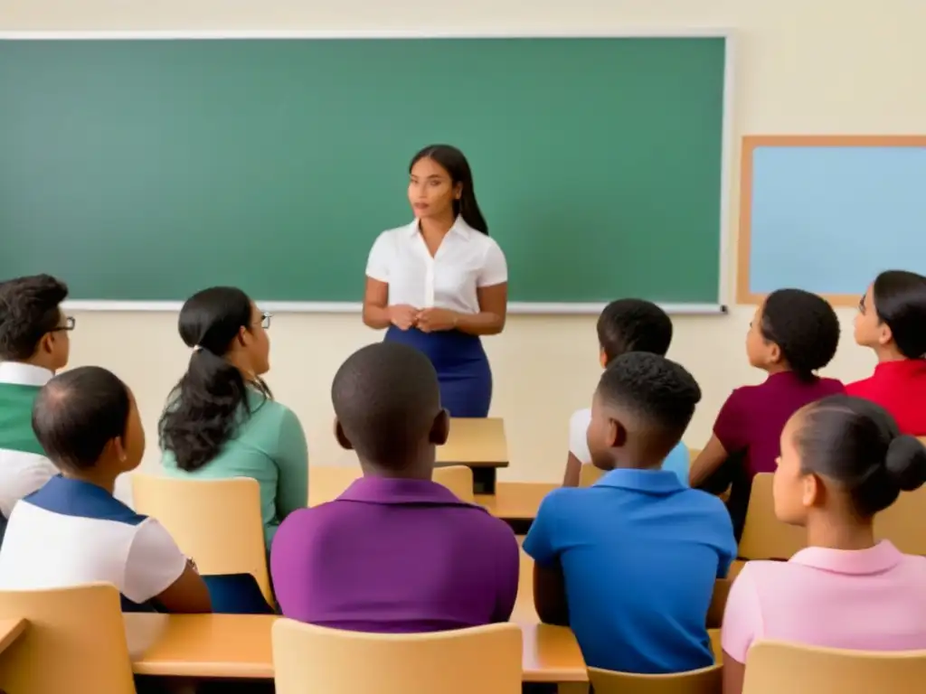 Ilustración detallada de estudiantes diversos en aula, escuchando atentos lección de educación sexual en Uruguay, política inclusiva y educativa