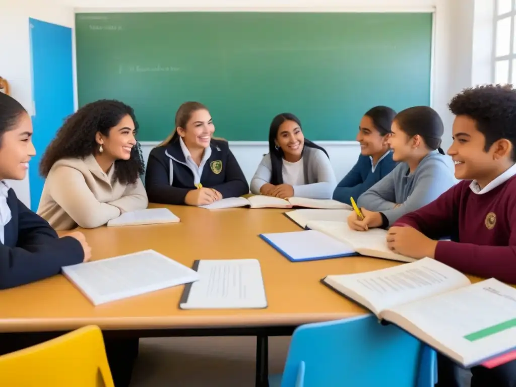 'Ilustración detallada en 8k de estudiantes diversos en un aula en Uruguay, promoviendo políticas educativas inclusivas