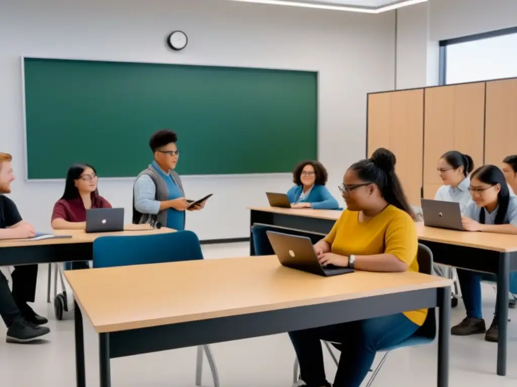 Ilustración detallada de estudiantes diversos con discapacidades y etnias, colaborando en aula universitaria moderna