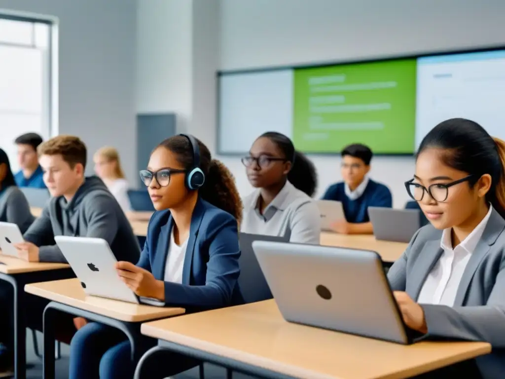 Ilustración detallada de estudiantes usando tecnología educativa en un aula moderna y luminosa