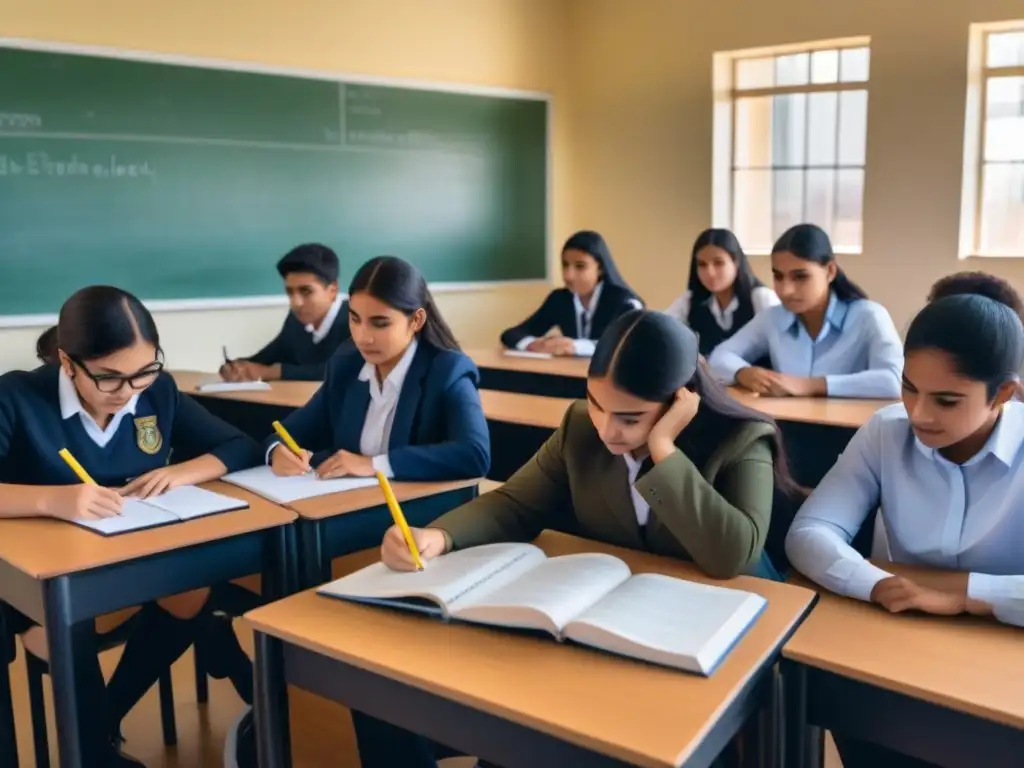 Ilustración detallada de estudiantes uruguayos en actividades educativas, reflejando desafíos en la educación en Uruguay e identidad nacional