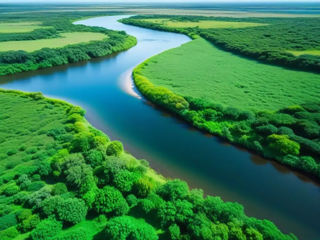 Detallada imagen de un paisaje sereno en Uruguay con exuberante vegetación, un río tranquilo y cielo azul