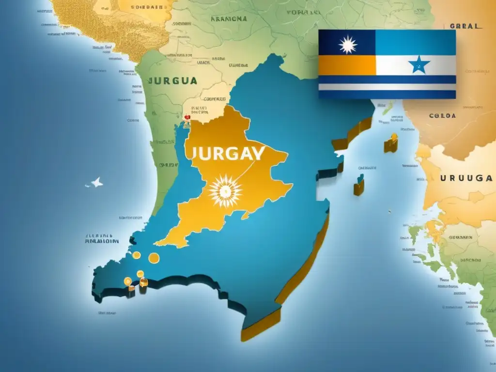 Mapa detallado de Uruguay con rutas de comercio resaltadas en oro Ilustración detallada del mapa de Uruguay con rutas comerciales destacadas en líneas doradas, certificaciones de comercio exterior