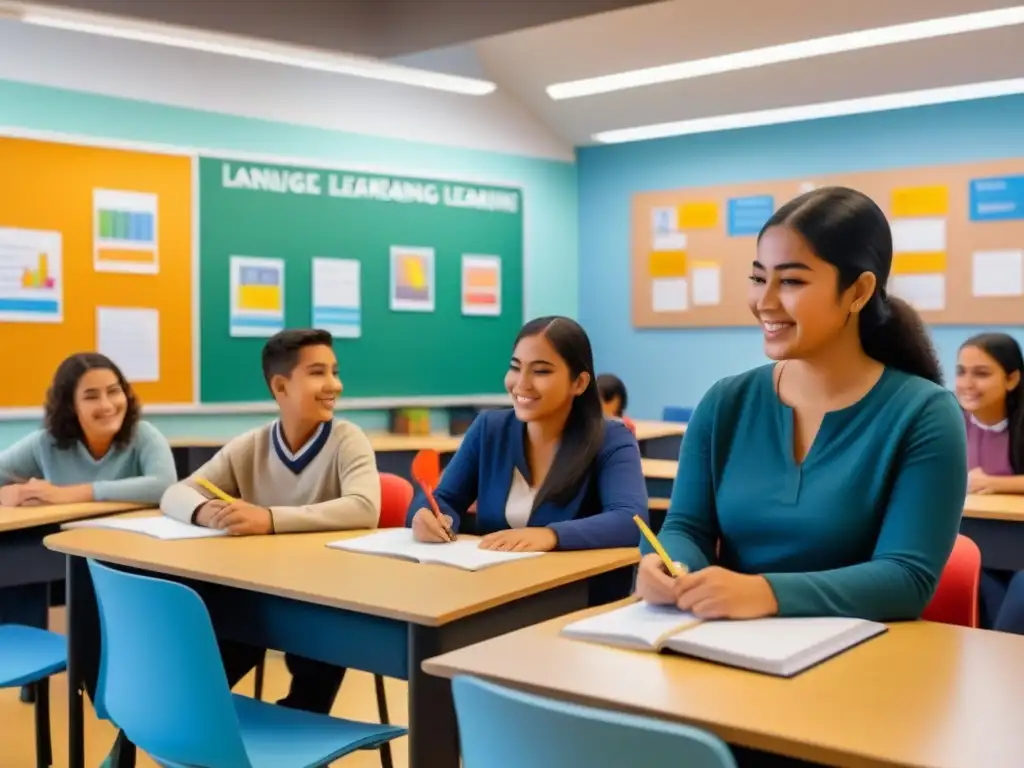 Ilustración detallada y minimalista de estudiantes en actividades de aprendizaje de idiomas en Uruguay