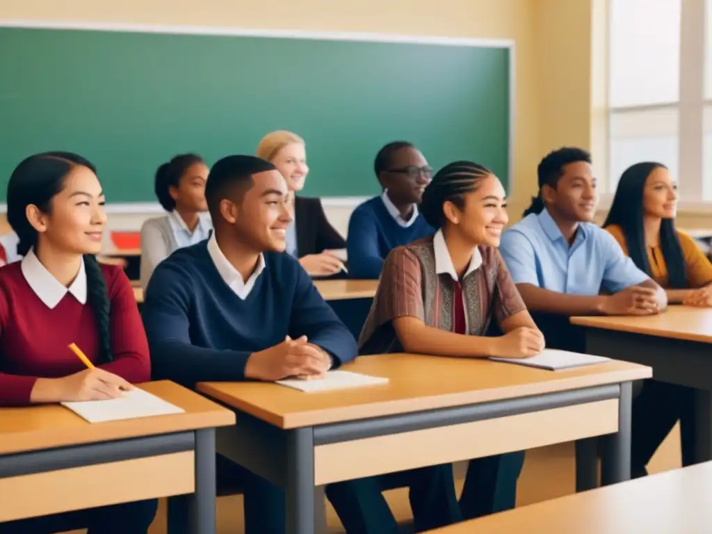 Ilustración detallada y minimalista de estudiantes de diversas culturas en un aula moderna y luminosa