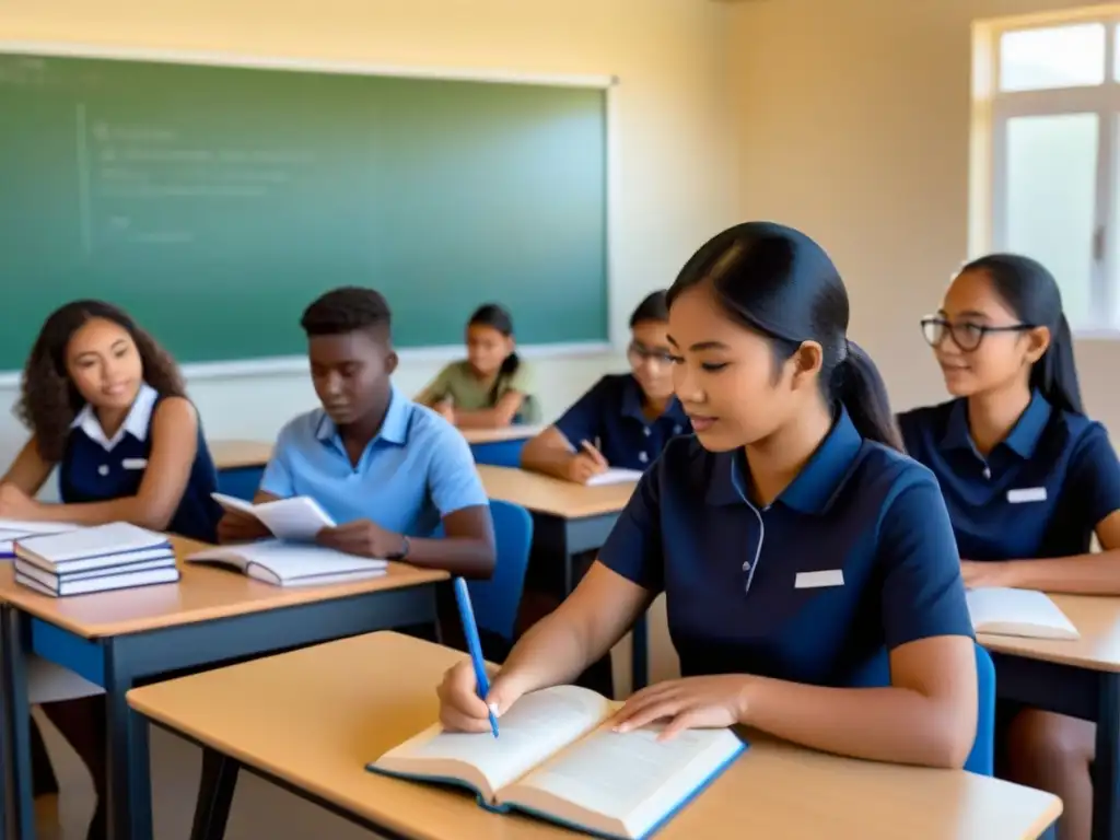 Ilustración detallada y minimalista de estudiantes diversos en actividad de aprendizaje de idiomas en aula moderna, reflejando colaboración y progreso en metodologías de enseñanza de idiomas en Uruguay