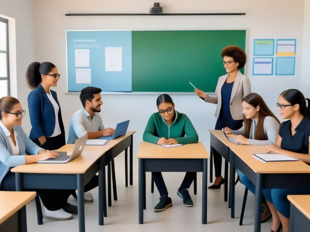 Ilustración detallada y minimalista de estudiantes diversos en innovadoras actividades educativas en un aula moderna en Uruguay