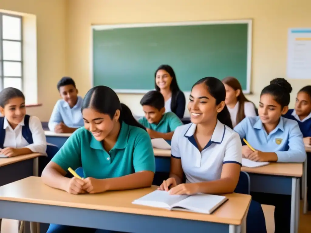 Ilustración detallada y minimalista de estudiantes diversos en aula uruguaya, reflejando la riqueza educativa en Políticas educativas de Uruguay