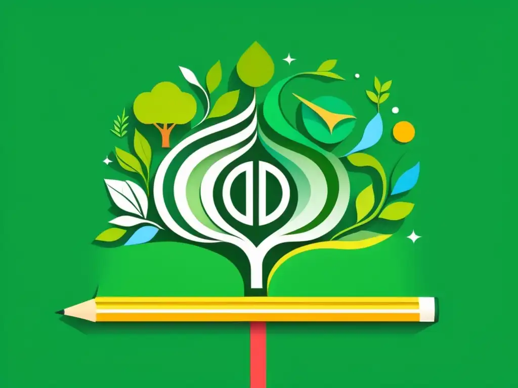 Ilustración detallada y minimalista de la integración de sostenibilidad en el currículo educativo de Uruguay, con tonos verdes vibrantes que representan la sostenibilidad y elementos educativos como libros, lápices y símbolos de tecnología innovadora