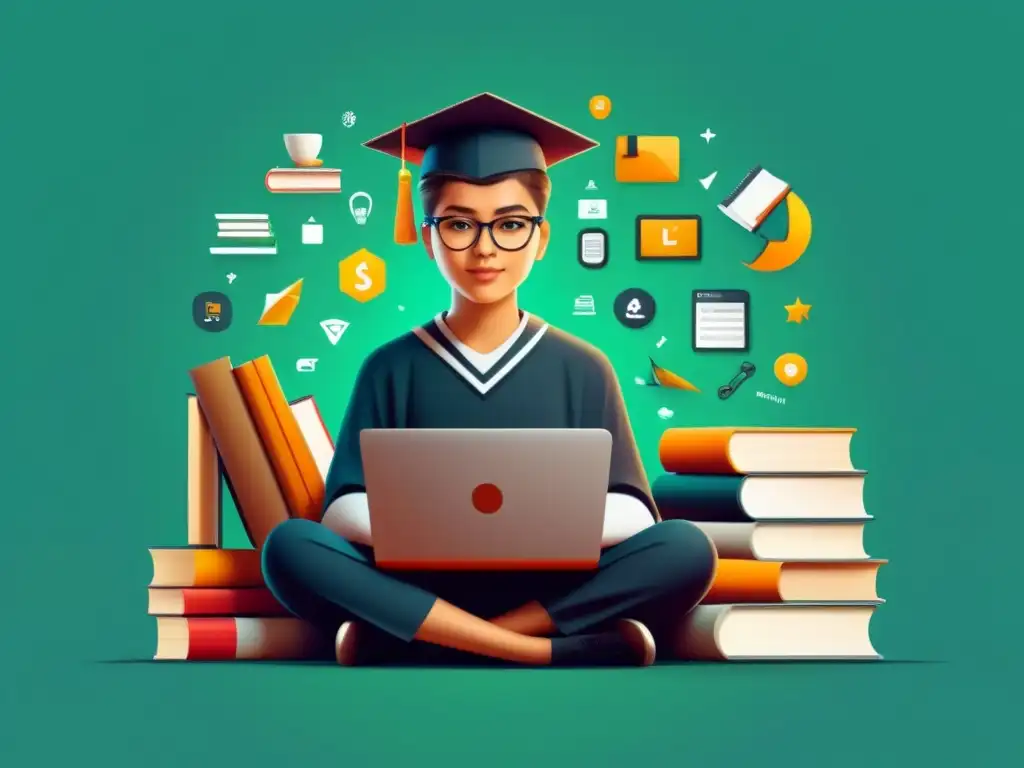Ilustración detallada y minimalista de un tutor sabio rodeado de elementos de aprendizaje digital, destacando la importancia del tutor en elearning