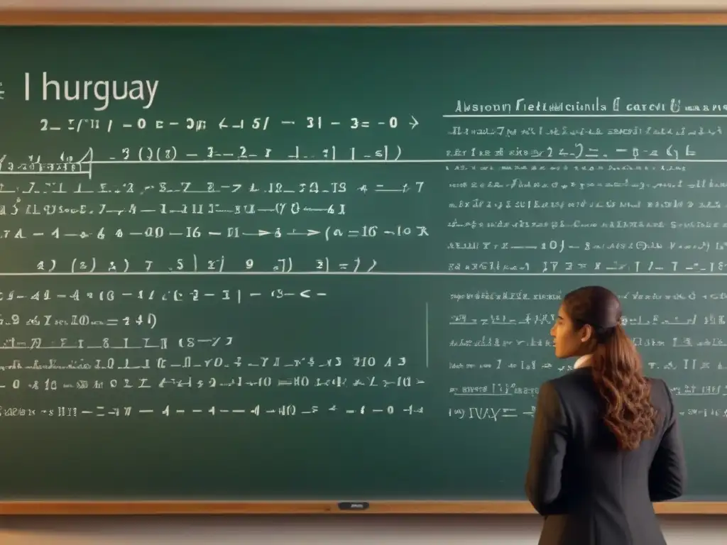 Detallada pizarra con ecuaciones y diagramas, destaca sección sobre 'Políticas educativas Uruguay análisis'