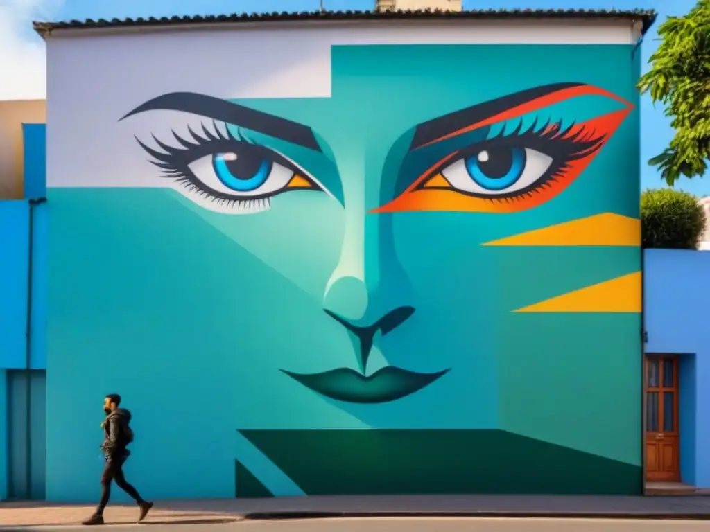 Murales uruguayos: fusión arte urbano y aprendizaje cognitivo Detallado mural urbano en Uruguay: patrones geométricos vibrantes y colores contrastantes, fusionando aprendizaje cognitivo con arte callejero