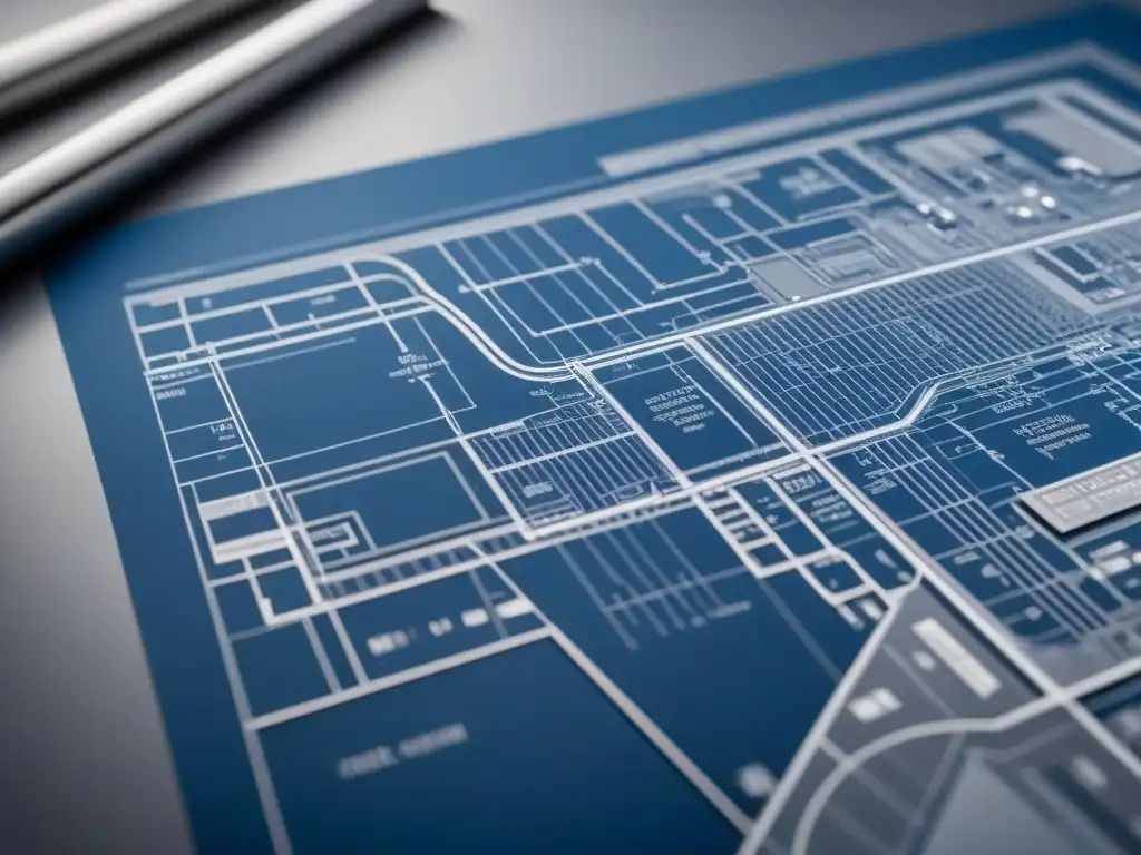 Un detallado plano de ingeniería con tonos azules y grises, representando precisión y expertise en Certificaciones en Ingeniería Uruguay