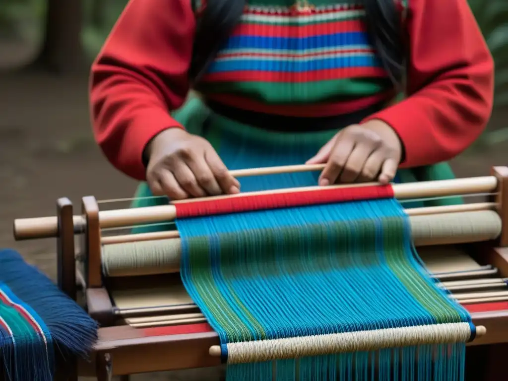 Detallado telar Mapuche con colores vibrantes, reflejo de la rica artesanía de las comunidades indígenas en Uruguay