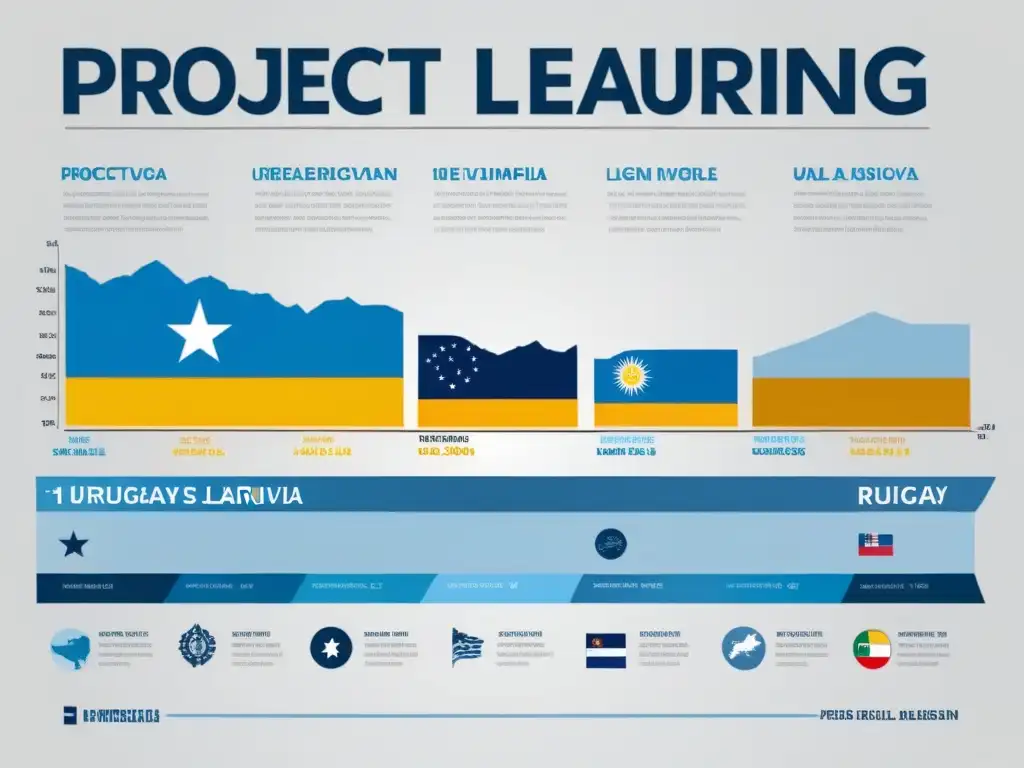 Detalle colorido de la evolución del aprendizaje por proyectos en Uruguay, con iconos de proyectos educativos y la paleta de la bandera uruguaya