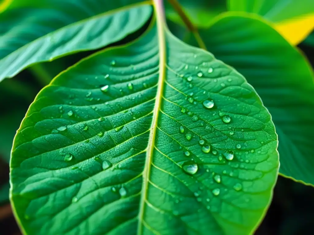 Detalle de una hoja verde en un cultivo en Uruguay, con gotas de rocío y luz matutina dorada, ideal para educación agrícola en Uruguay